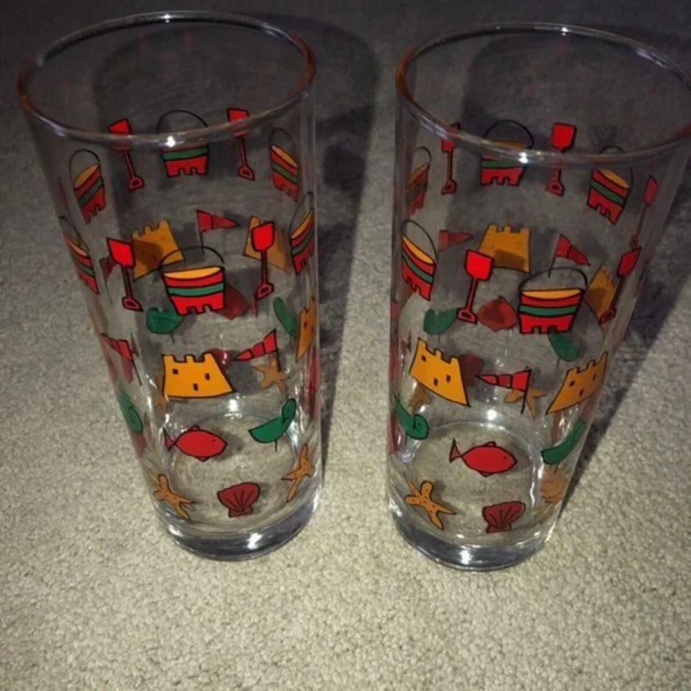 Vintage Sandcastle Bucket Bird Fish‎ HIGHBALL GLASSES (2) OCEAN BARWARE